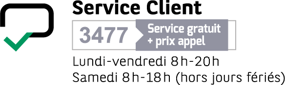 Numéro du Service client 3477, services gratuit plus prix d'un appel du lundi au vendredi de 8h à 20h et le samedi de 8h à 18h hors jours fériés